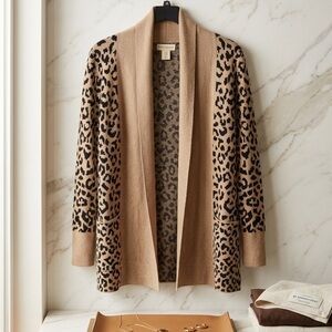 Leopard Print Open-Front Cardigan - Beige/Black